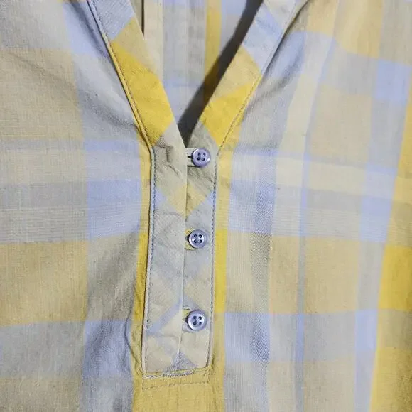 PrAna Elena popover yellow & blue plaid vneck button front shirt woman's size XL - Picture 11 of 12